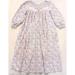 Eileen West Cotton Flannel Nightgown Purple Small Floral Print Lace Trim Sz M